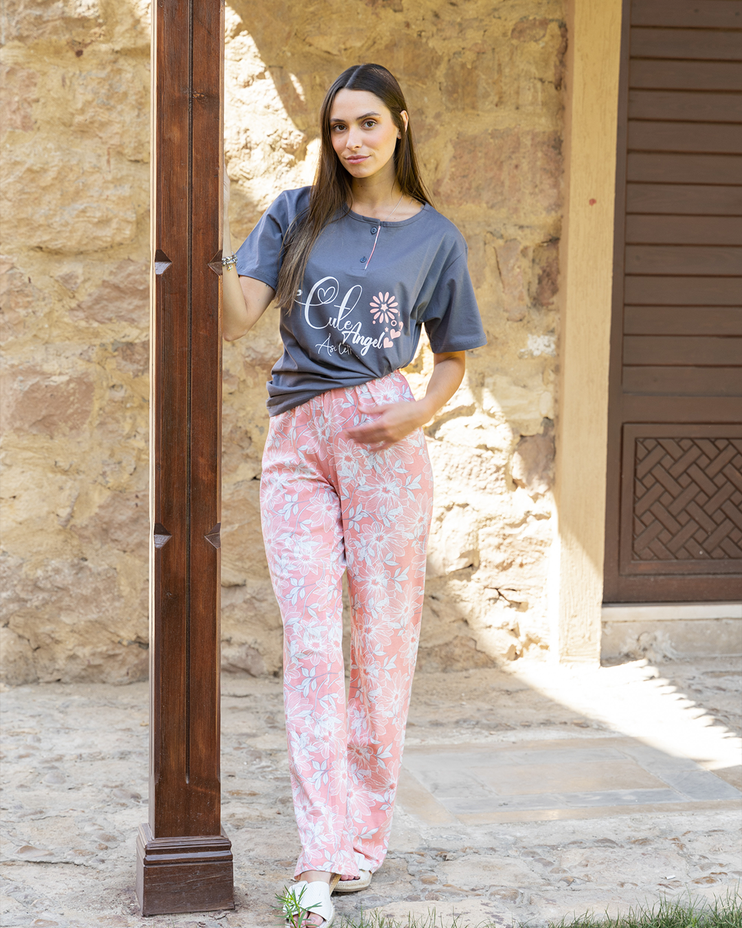 Women s pajamas half sleeves polo pants and a flower 2segypt