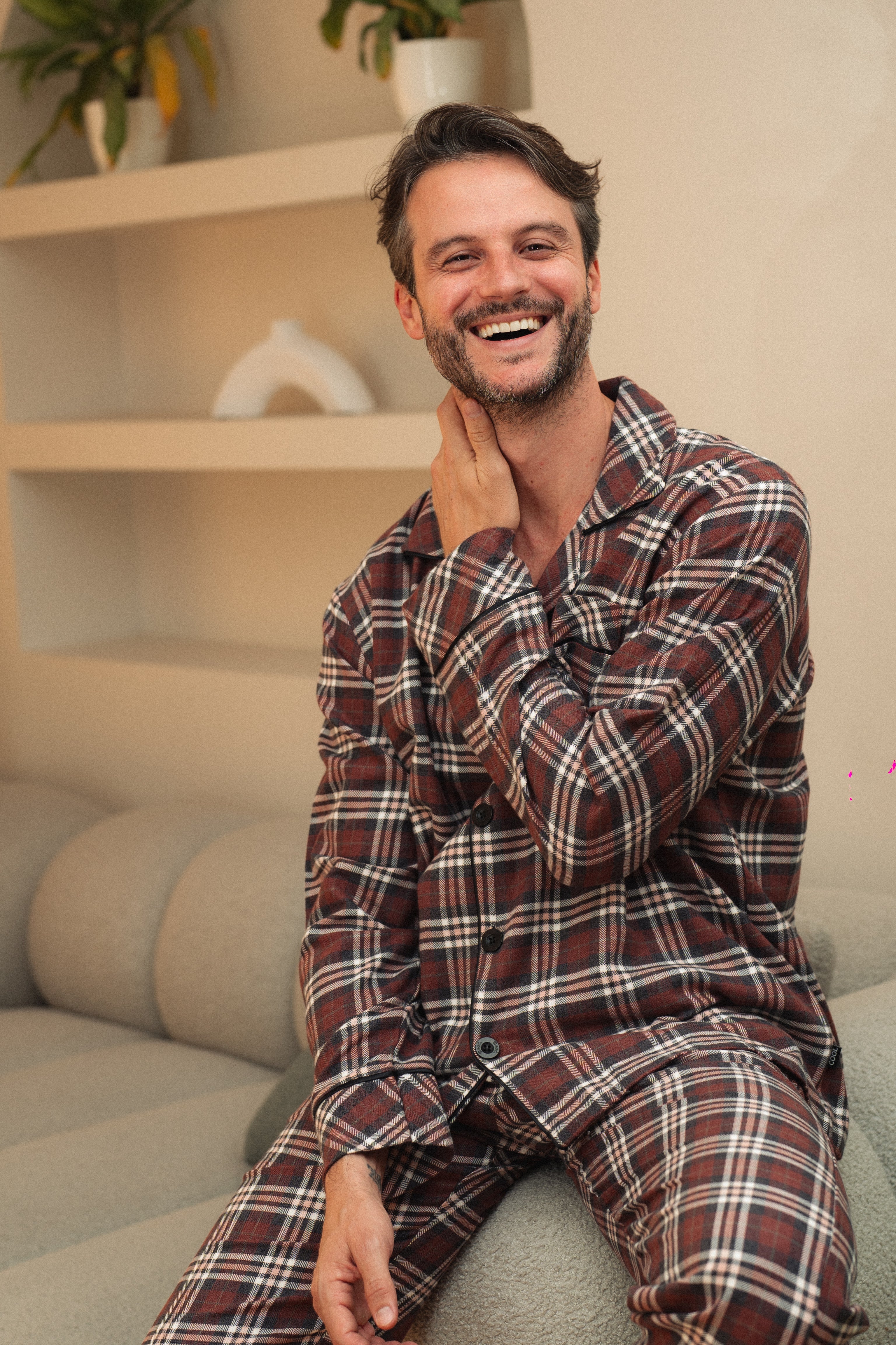 Men's classic open pajamas with laser buttons and rotary check pants