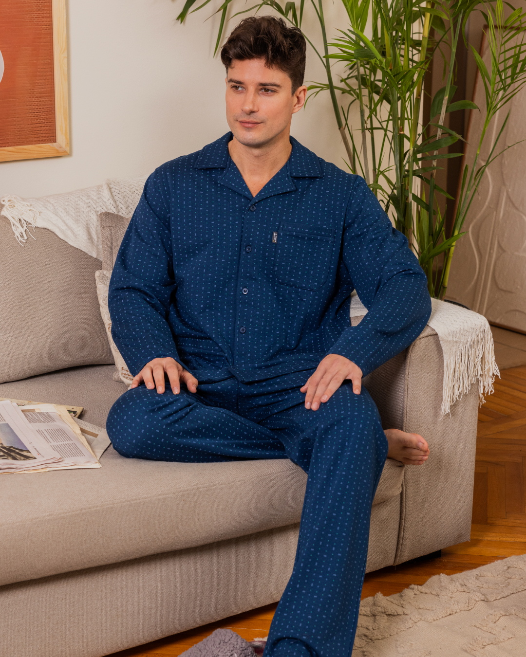 Men's classic printed pajamas, open chest pocket, long sleeves, and printed pants