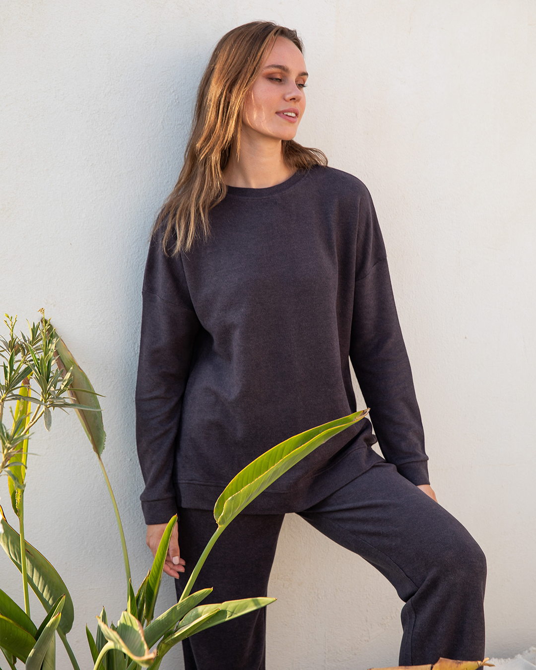 Women's long-sleeved pajamas, plain cashmere