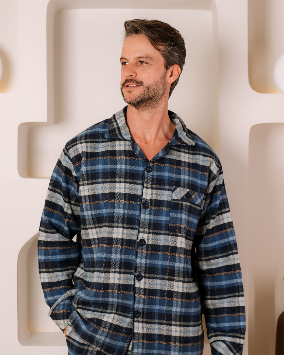 Men's classic open pajamas with laser buttons and rotary check pants