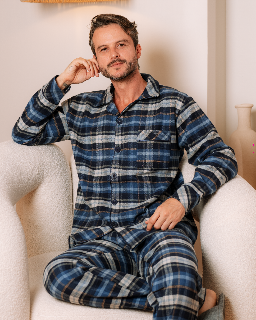 Men's classic open pajamas with laser buttons and rotary check pants