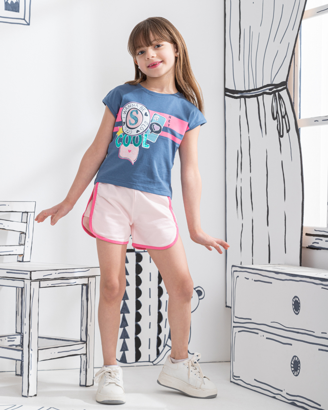 I wanna be a cool girl. Girls' pajamas, T-shirt and shorts