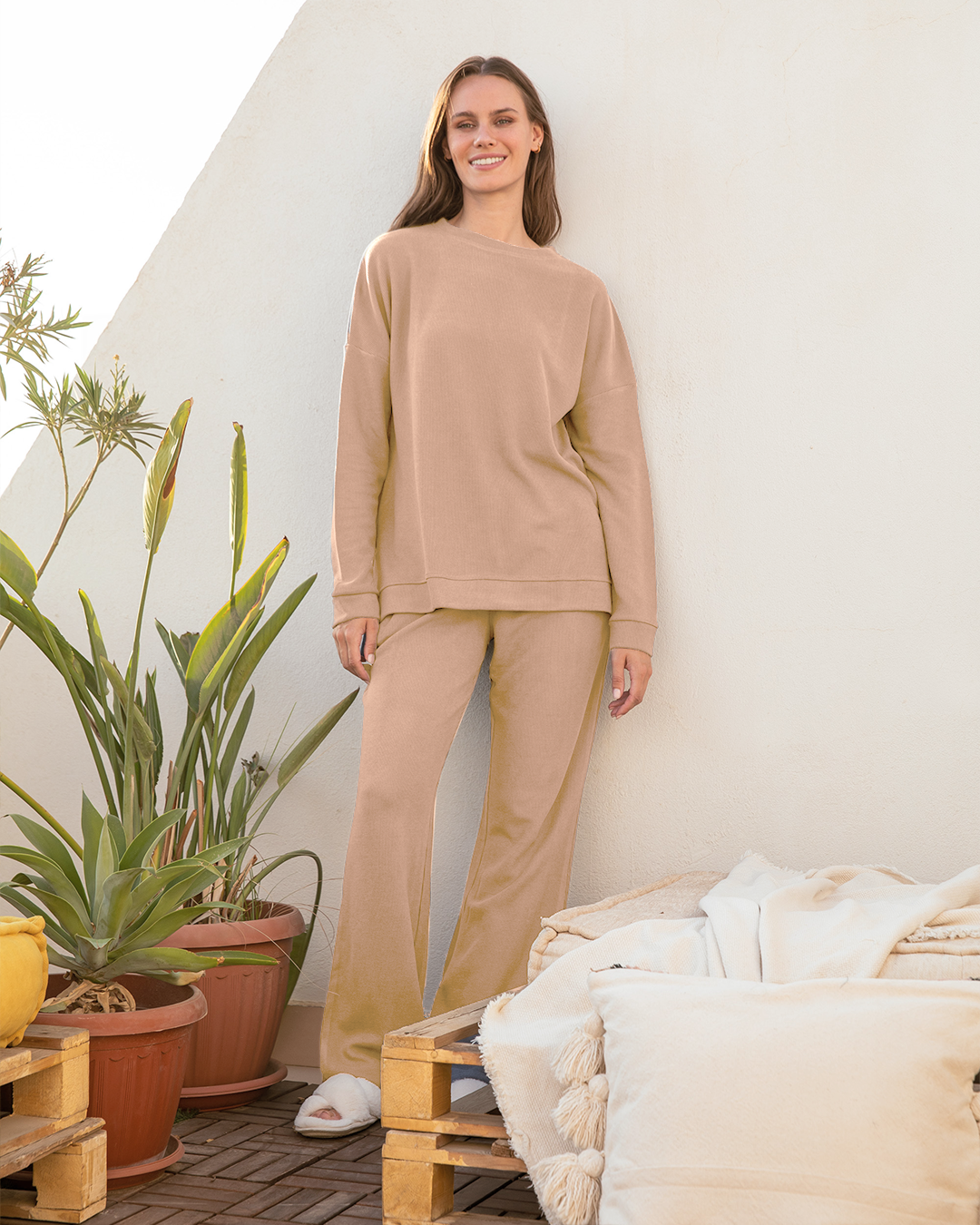 Women's long-sleeved pajamas, plain cashmere