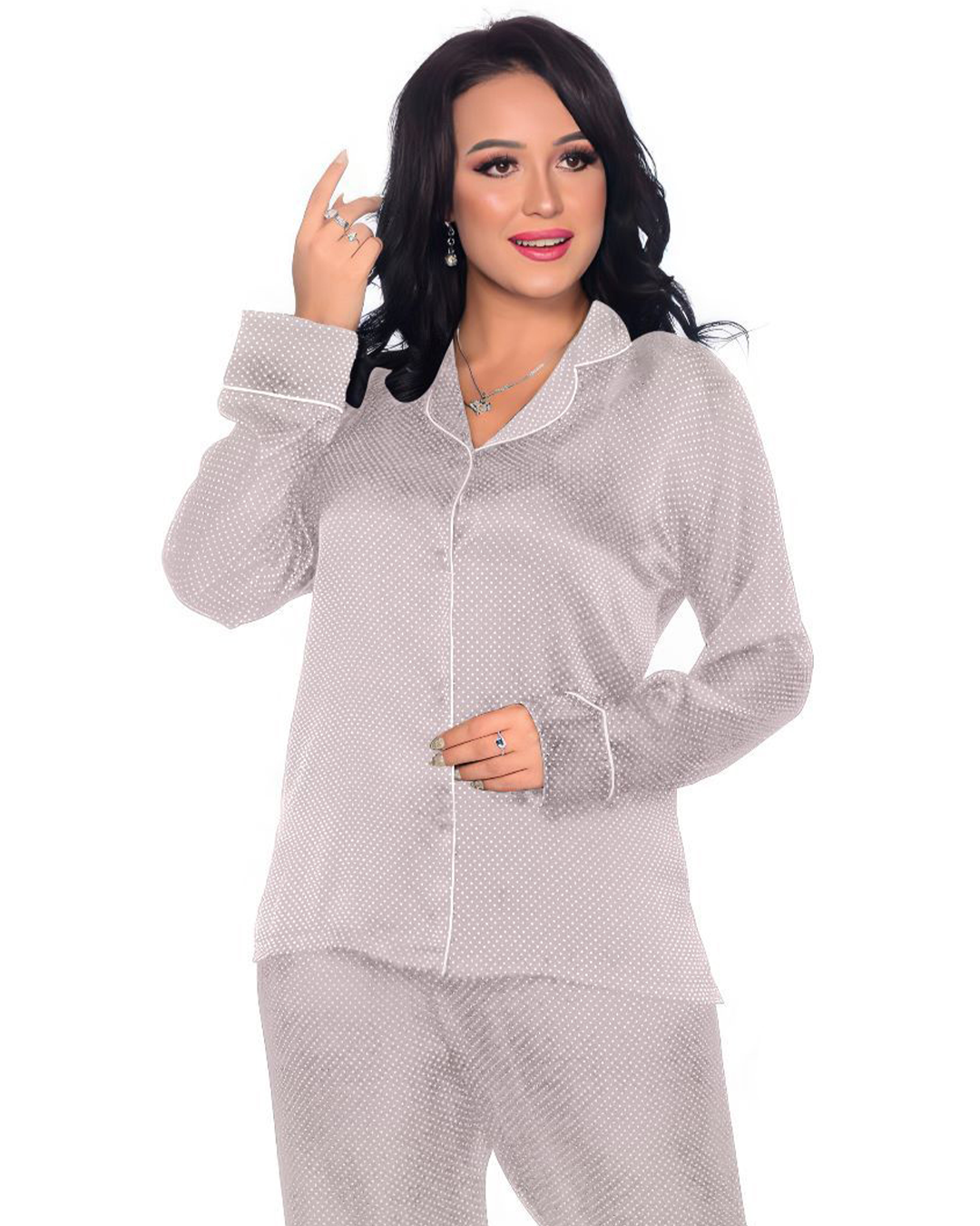 Women's pajamas, satin, dotted, buttons, trouser sleeves