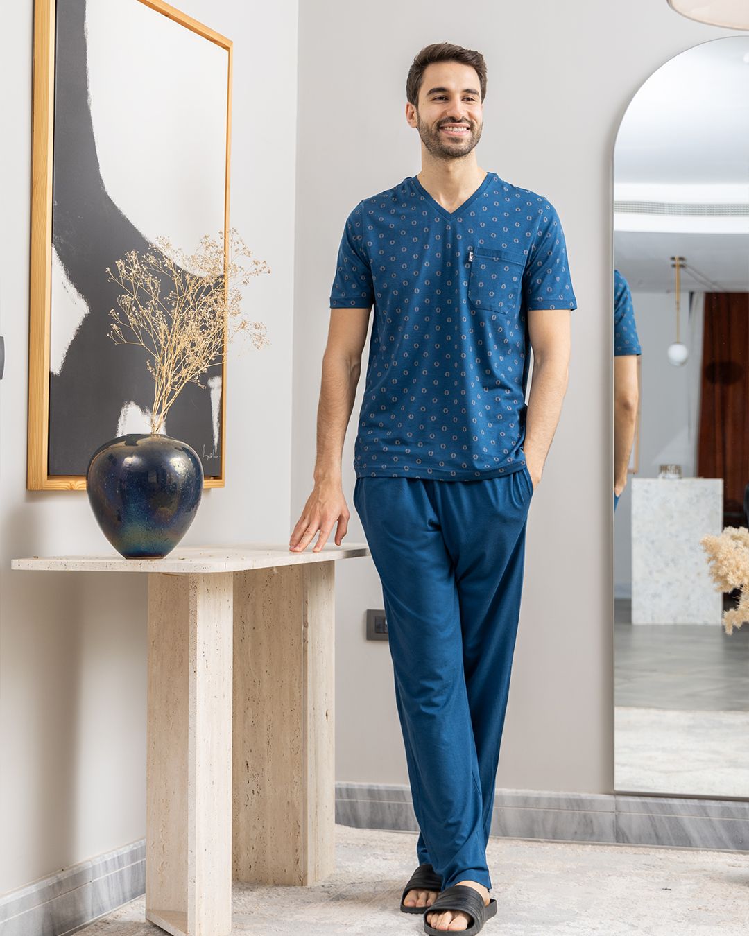 Olive branch print, plain V-neck pajama pants for men