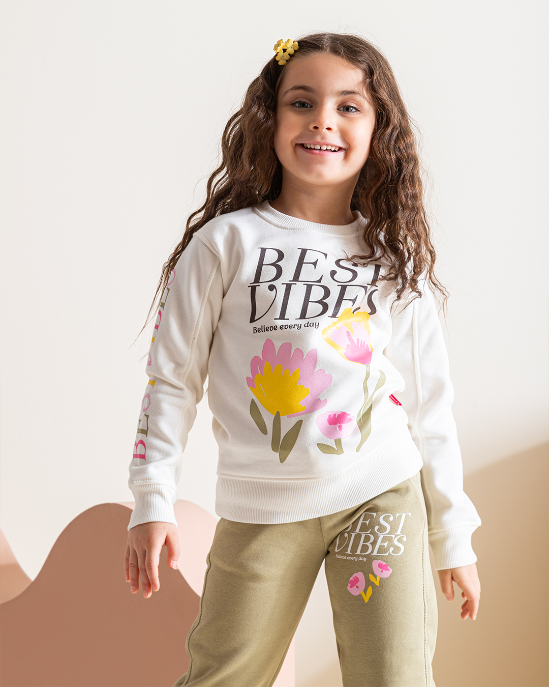 Best vibes Girls' pajamas, Rowand Milton, 2 printed cuts on the chest, cuffs and sleeves + printed trousers