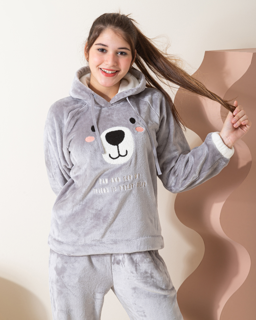 Girls' Polar Long Sleeve Pajamas Dream Bear Embroidery 