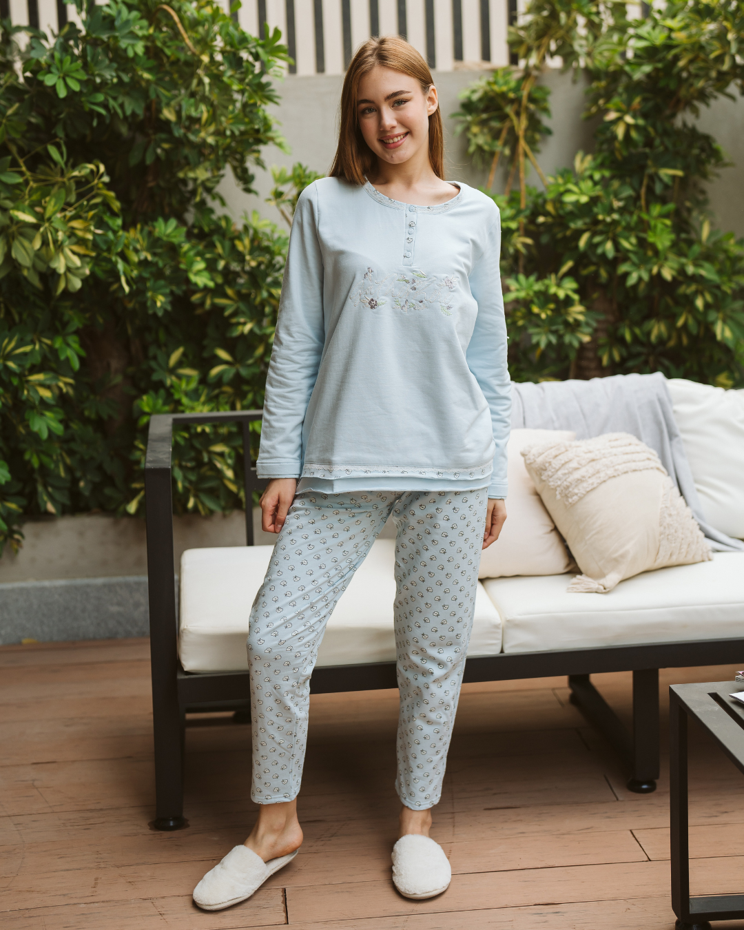 ross Women's long pajamas with long sleeves and floral embroidery