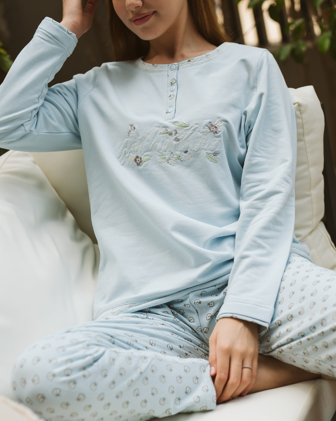 ross Women's long pajamas with long sleeves and floral embroidery