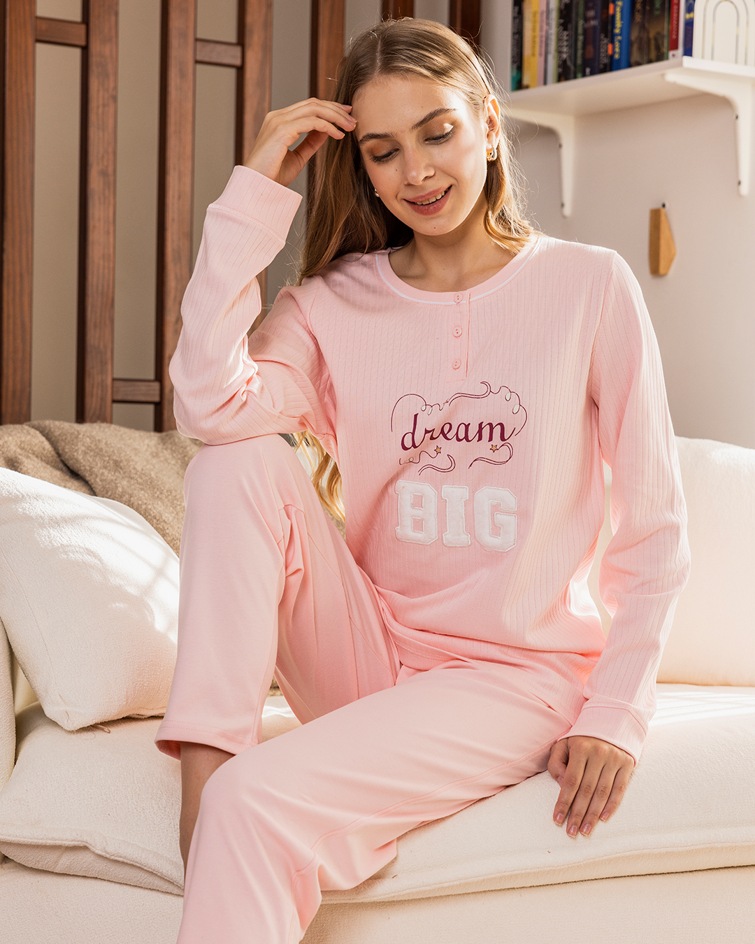 Women's long sleeve pajamas with embroidered print