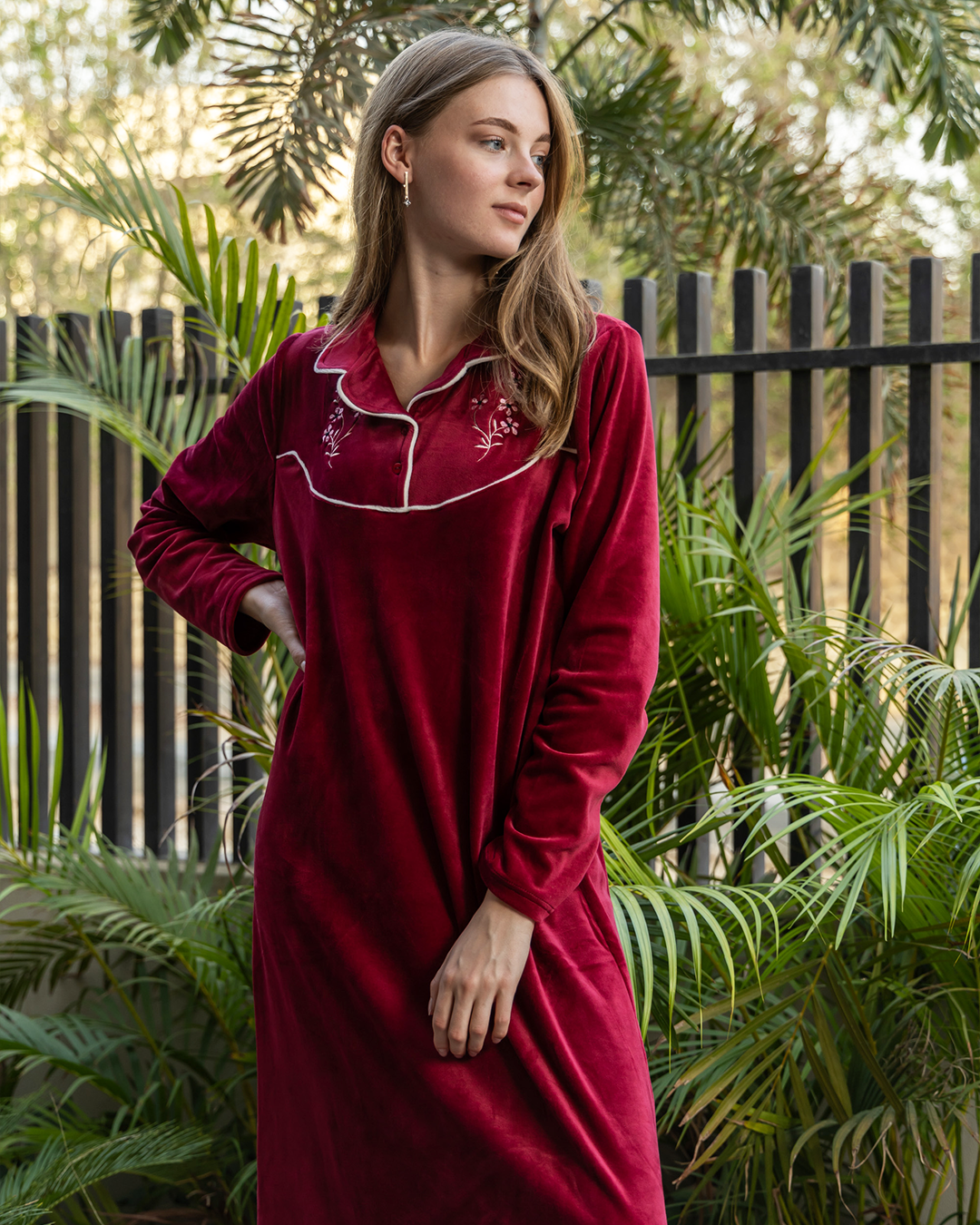 Women's velor robe with floral embroidery