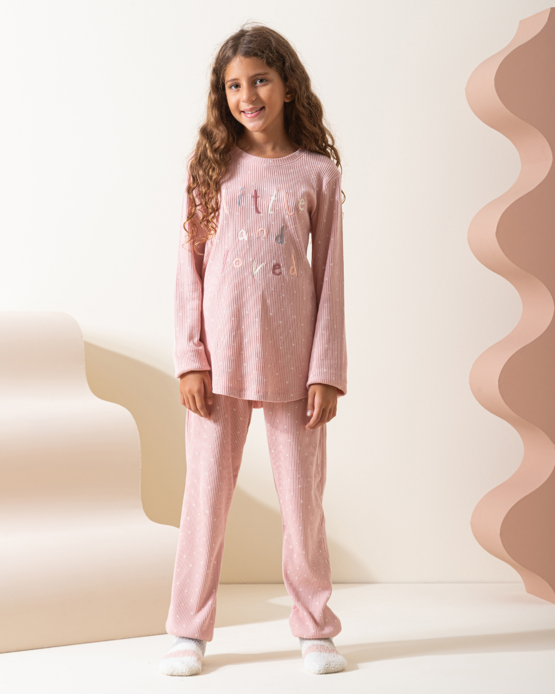 Little and loved girls' long sleeve ribbed jacquard pajamas