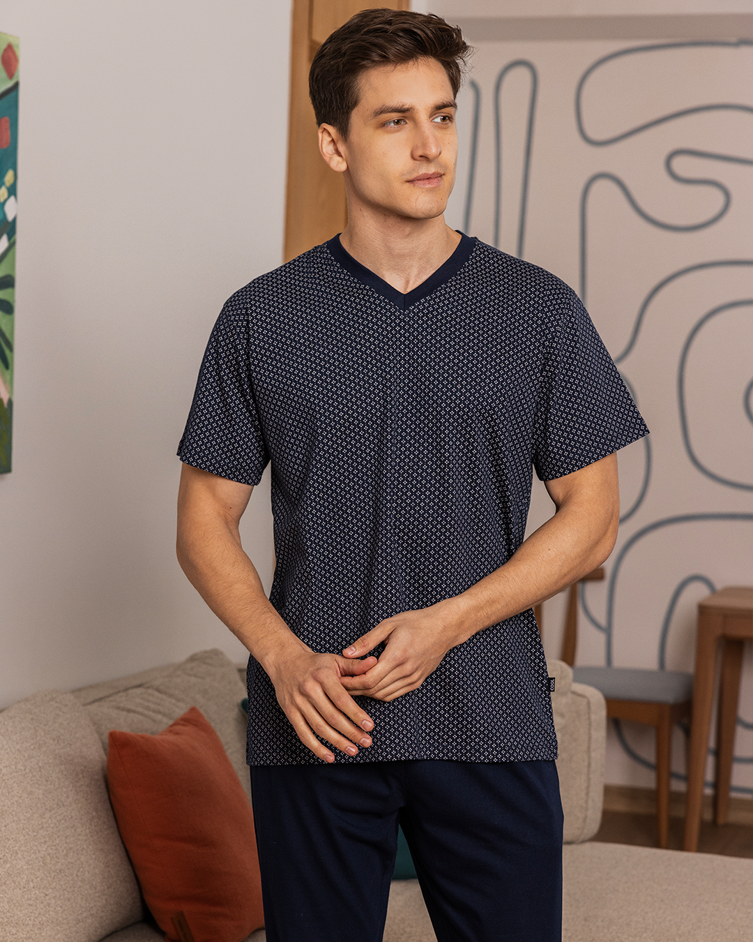 Men's pajamas, half sleeve V, rotary trousers, plain rhombuses