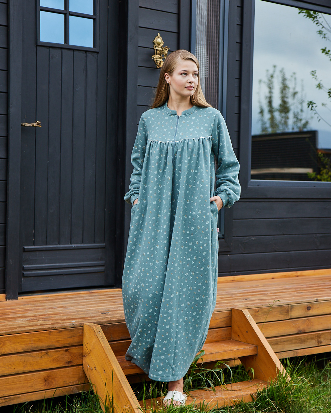 Women's Printed Fleece Half zip Long-sleeve nightgown