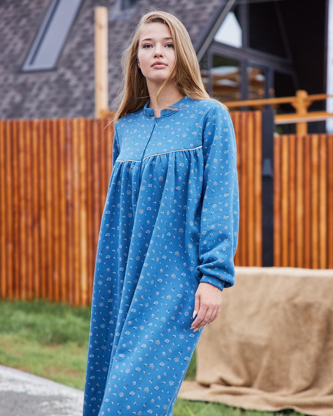 Women's Printed Fleece Half zip Long-sleeve nightgown