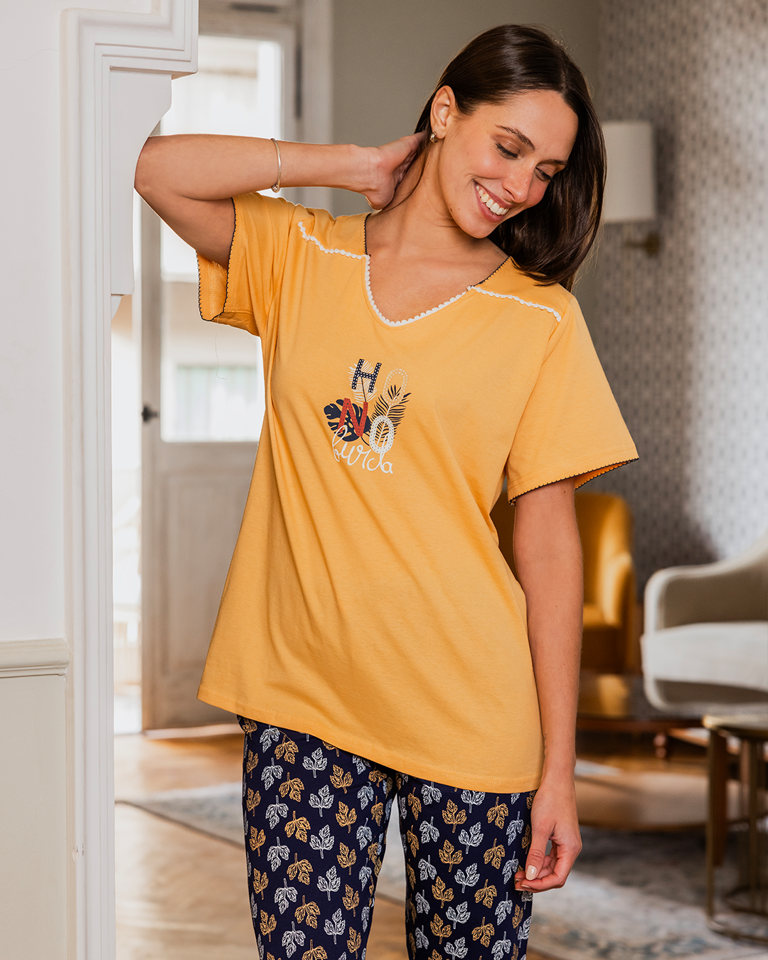 Ho No Burda Women's Bermuda Pajama Wide Shoulder Printed T-Shirt