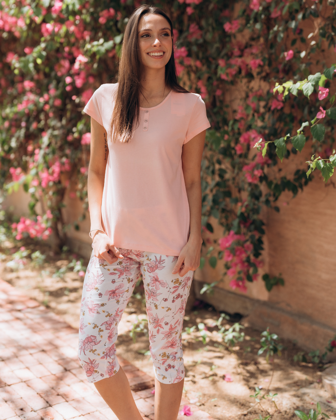 Women's half-sleeve pajamas, pink roses