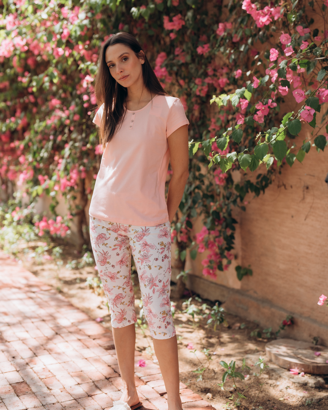 Women's half-sleeve pajamas, pink roses