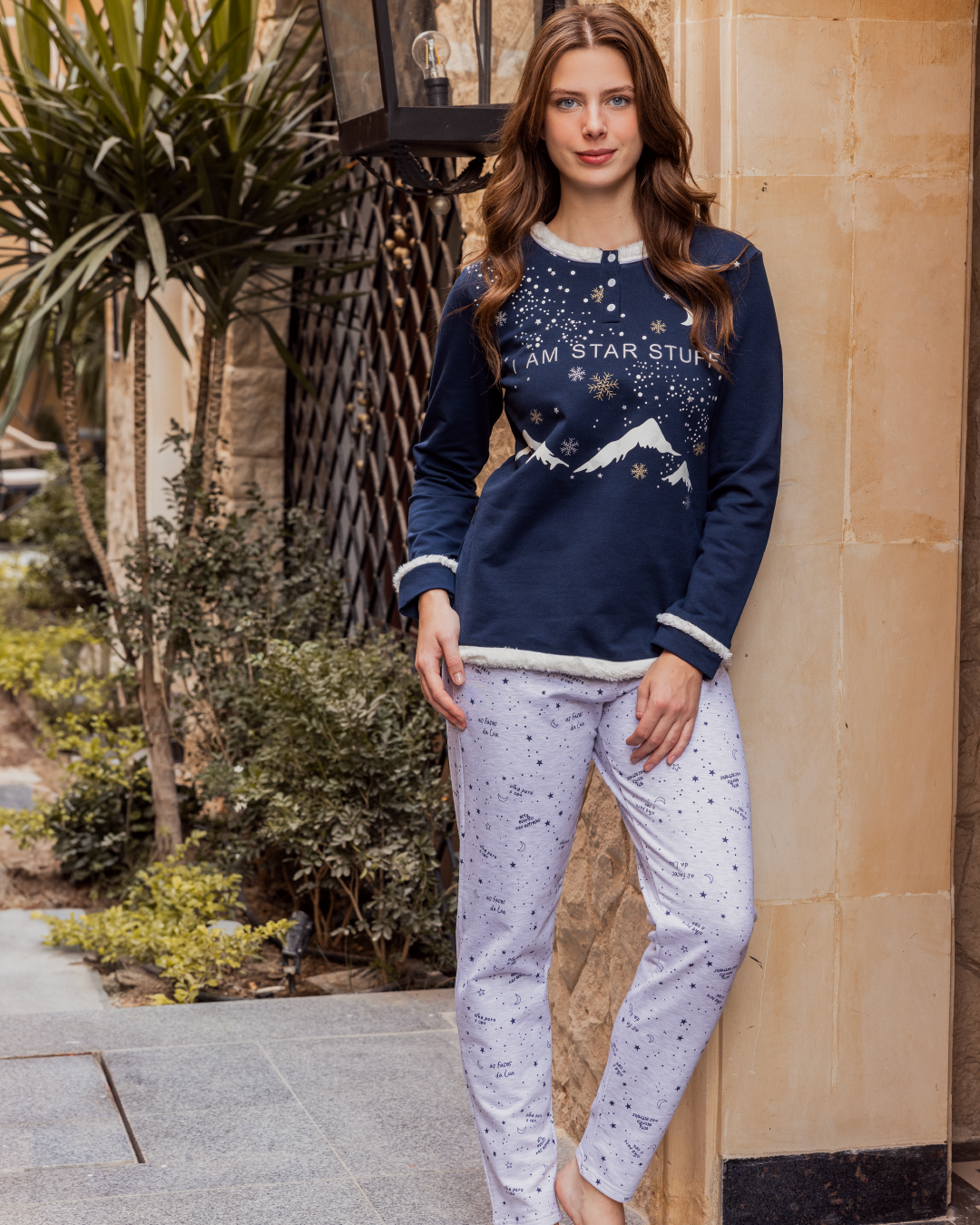 Women's long sleeve pajamas with long printed pants