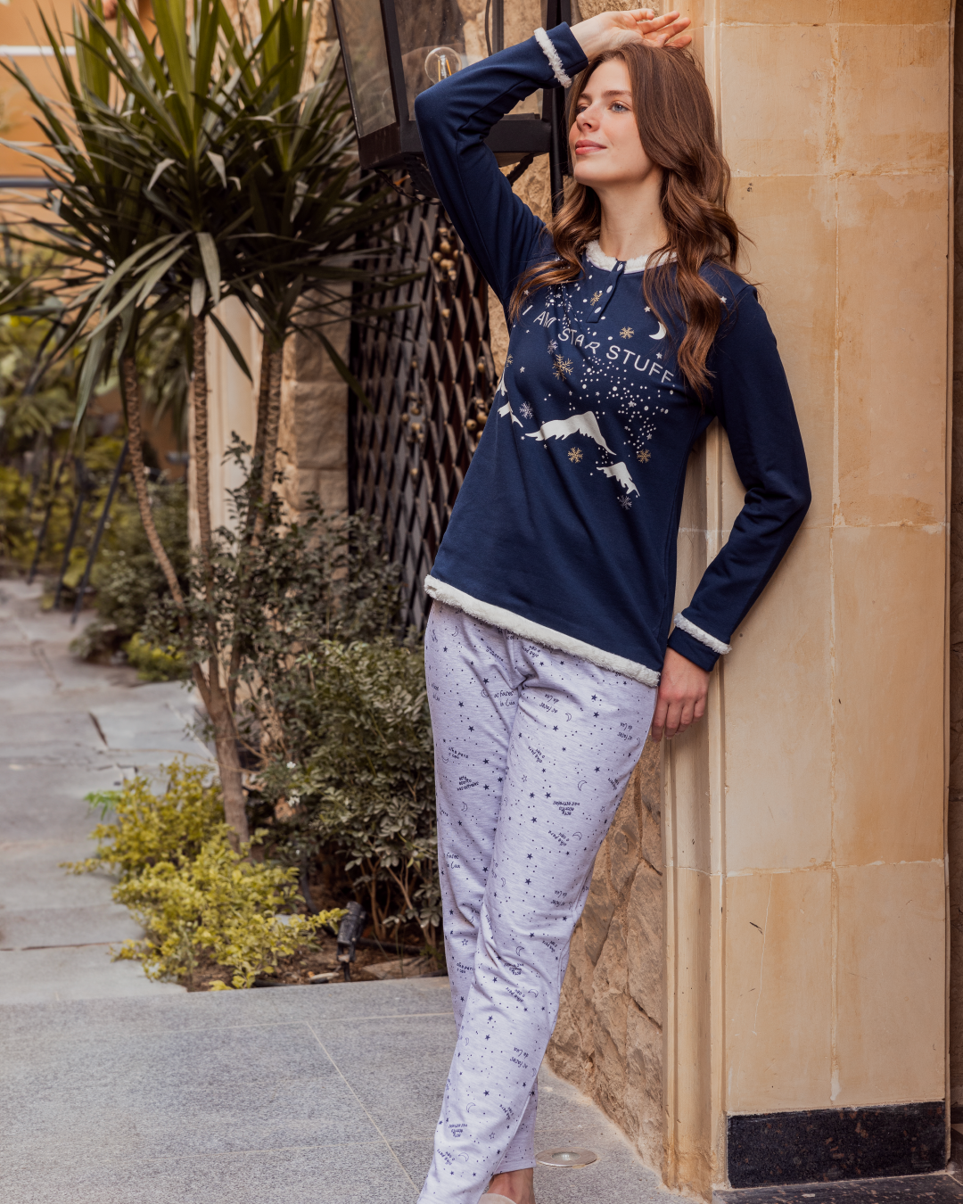 Women's long sleeve pajamas with long printed pants