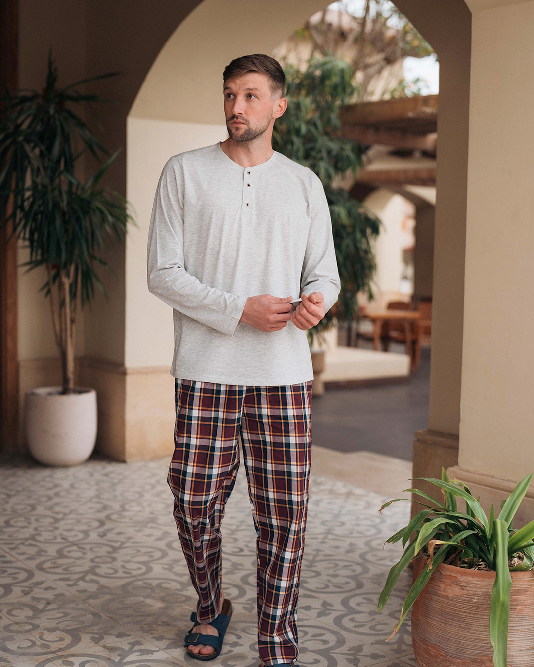 Men's plaid pajamas with buttons
