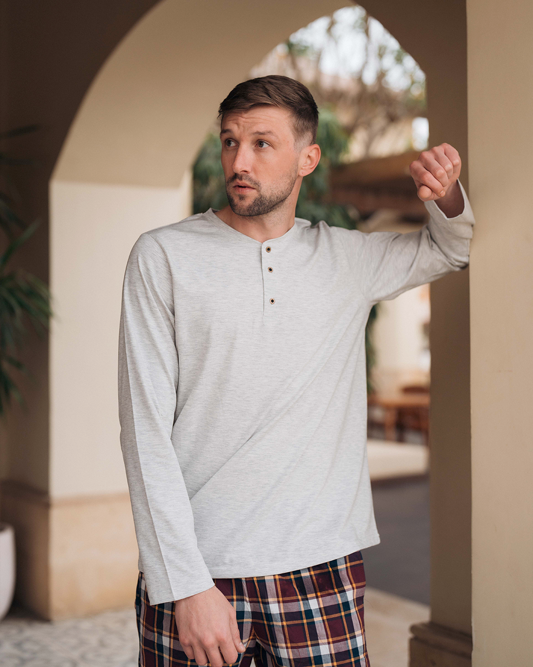 Men's plaid pajamas with buttons
