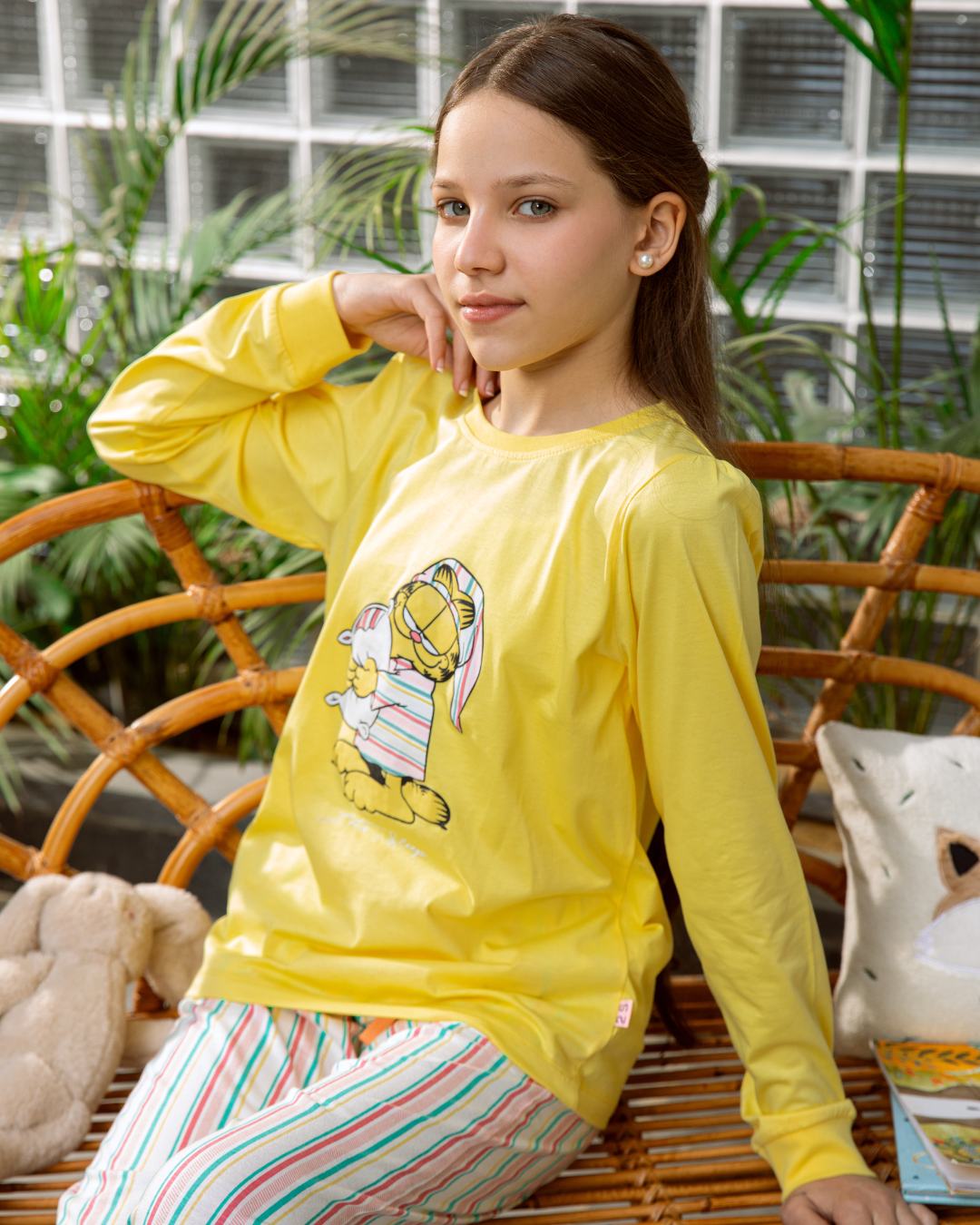 Lets Sleep Garfield Girls' Long Sleeve Cotton Pajamas * Stripe Pants