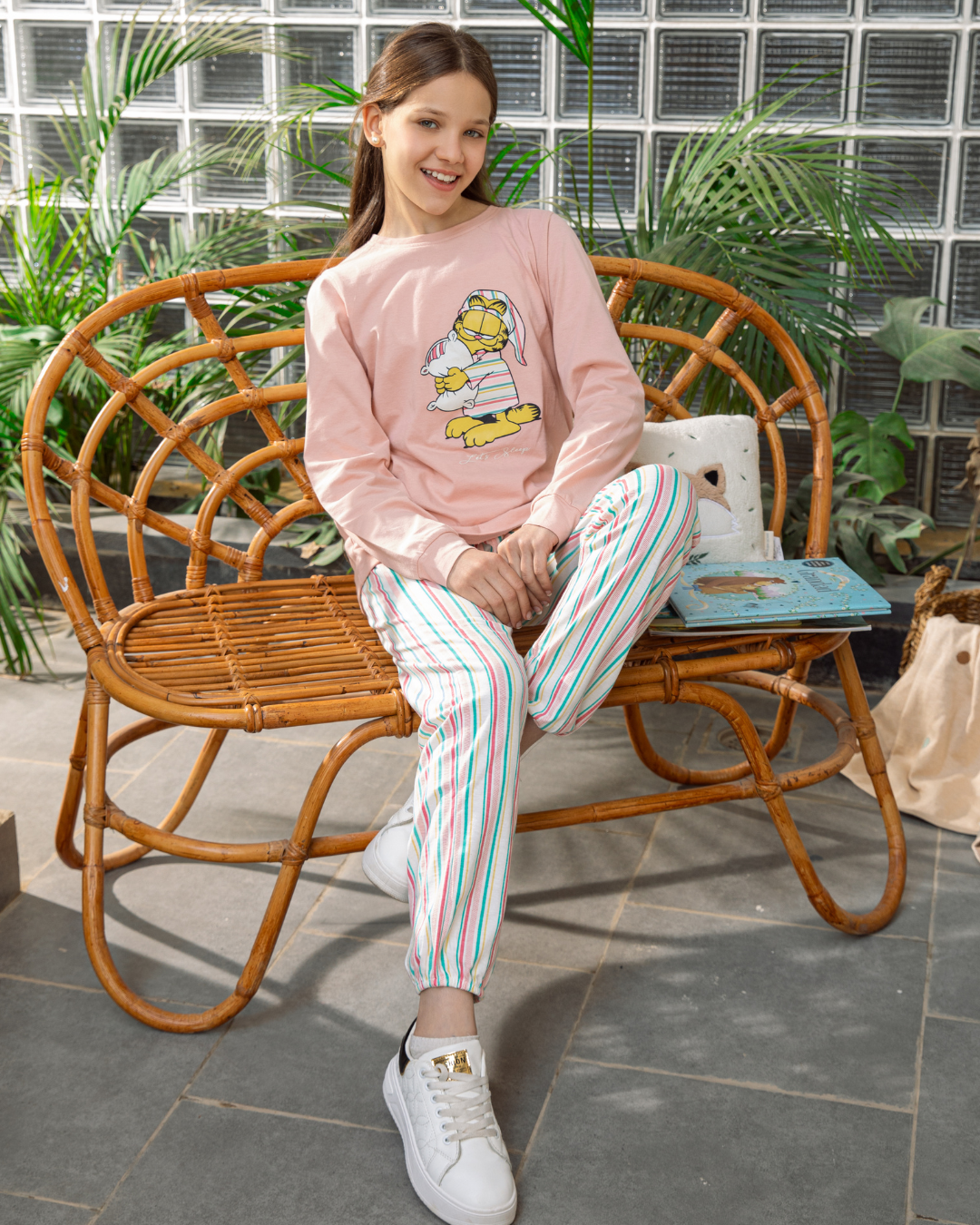 Lets Sleep Garfield Girls' Long Sleeve Cotton Pajamas * Stripe Pants