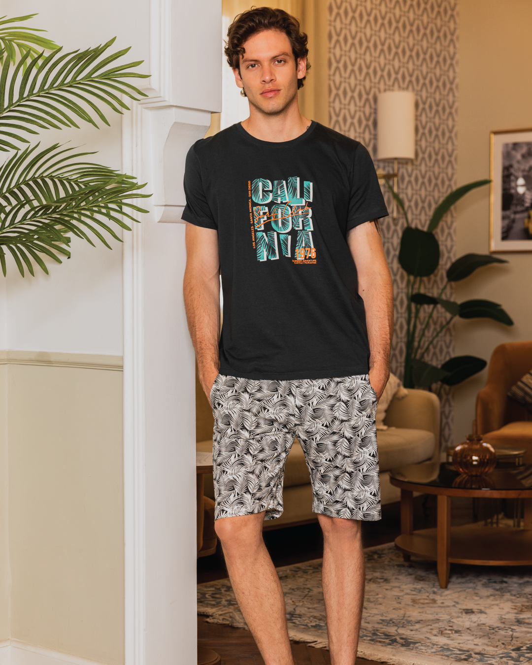 California men's half-sleeved pajamas and printed cotton shorts