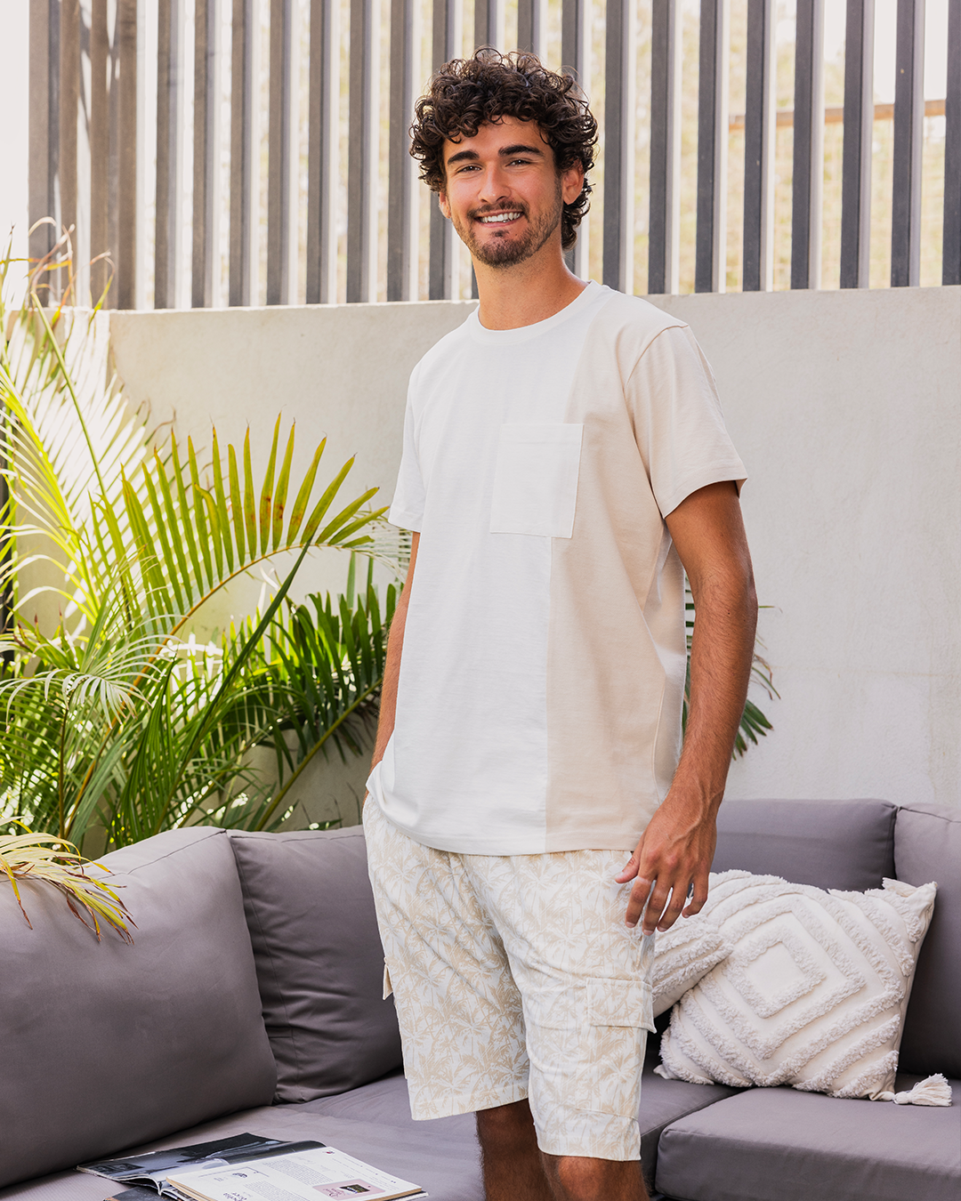 Tropical palms Men's half-sleeved pajamas and cotton shorts