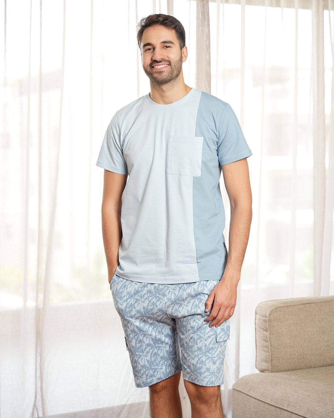 Tropical palms Men's half-sleeved pajamas and cotton shorts