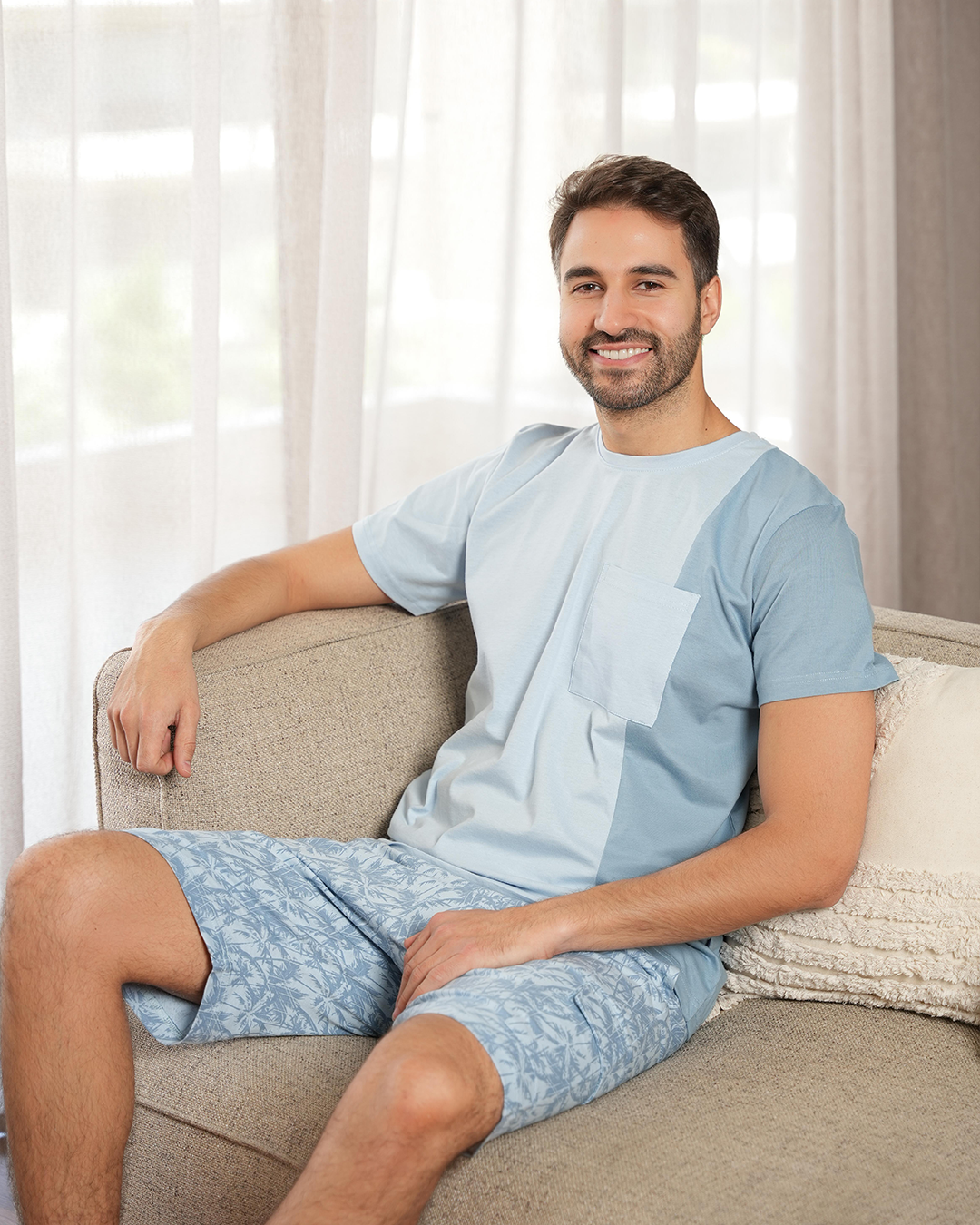 Tropical palms Men's half-sleeved pajamas and cotton shorts