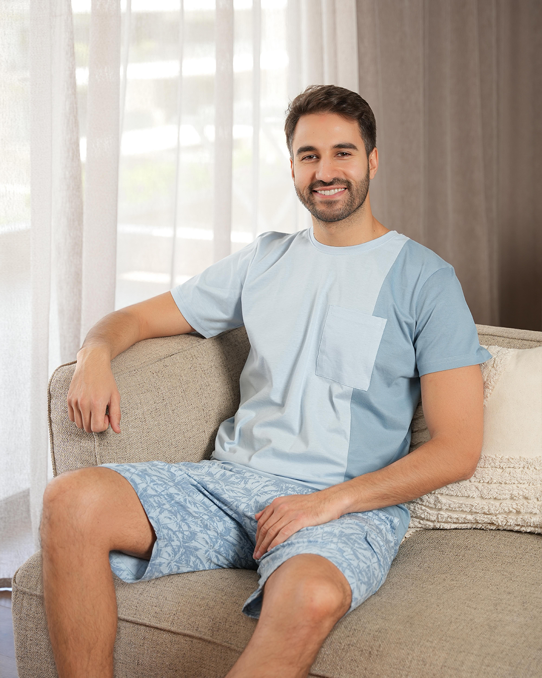 Tropical palms Men's half-sleeved pajamas and cotton shorts