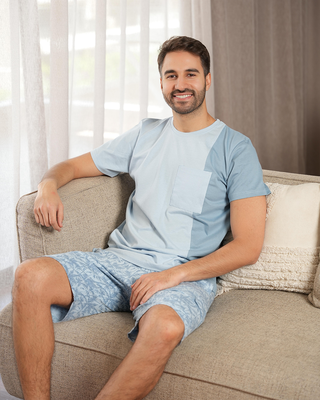 Tropical palms Men's half-sleeved pajamas and cotton shorts