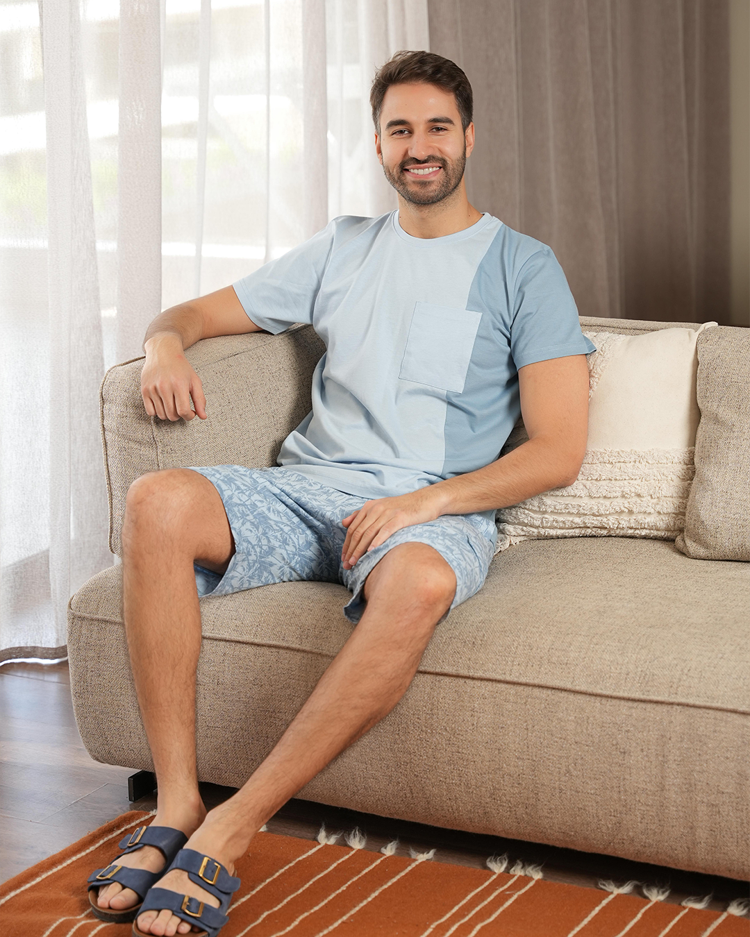 Tropical palms Men's half-sleeved pajamas and cotton shorts