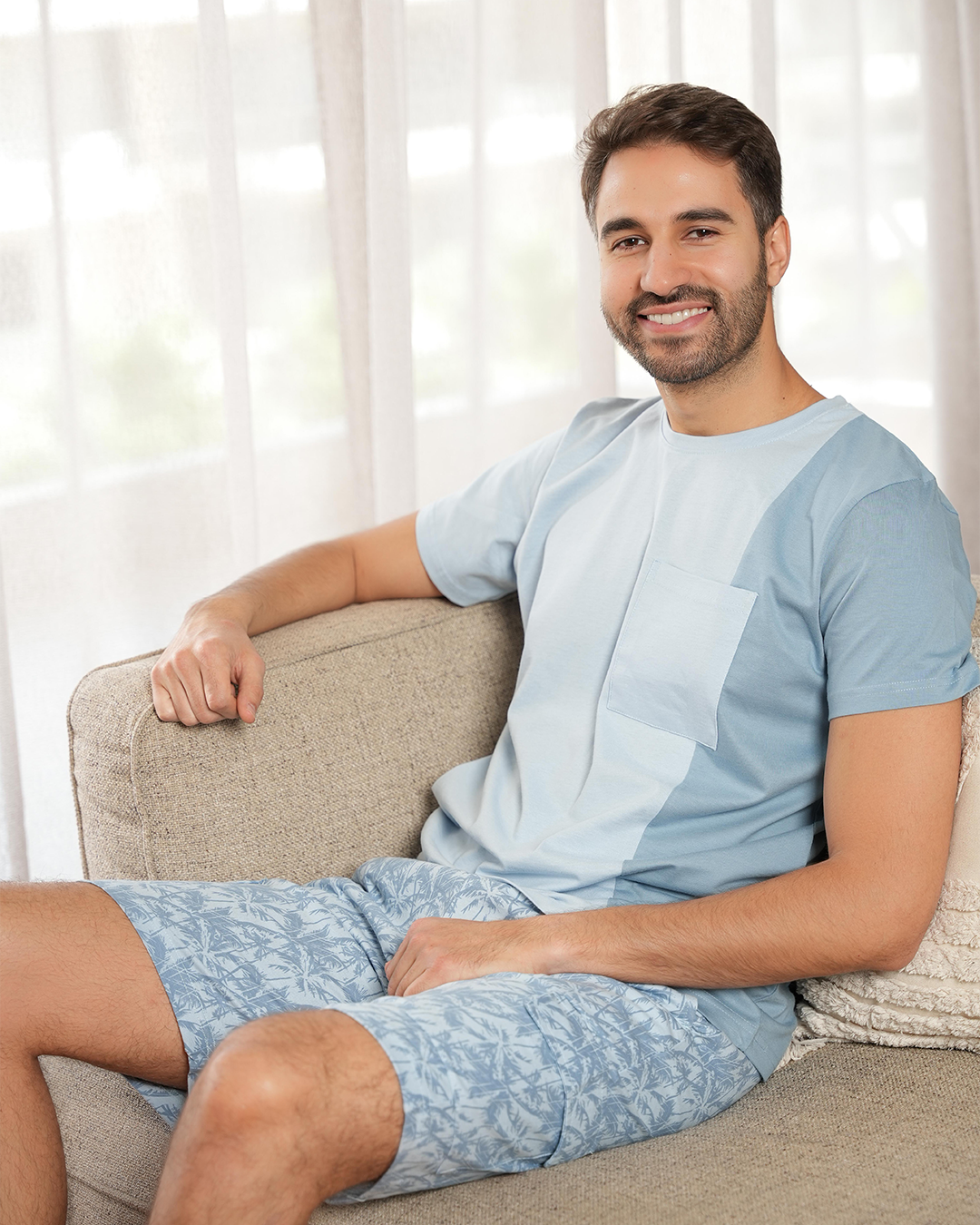 Tropical palms Men's half-sleeved pajamas and cotton shorts