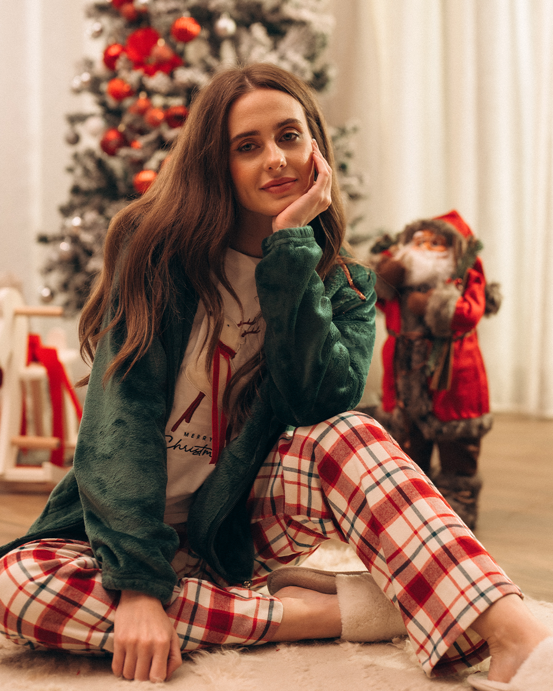 Merry Christmas women's pajamas, 3 pieces, polar fleece, and a cotton T-shirt