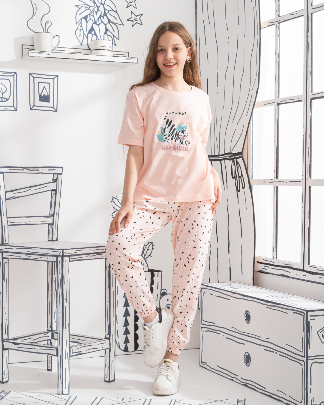 Nap Queen Girls' half-sleeve pajamas * Printed trousers