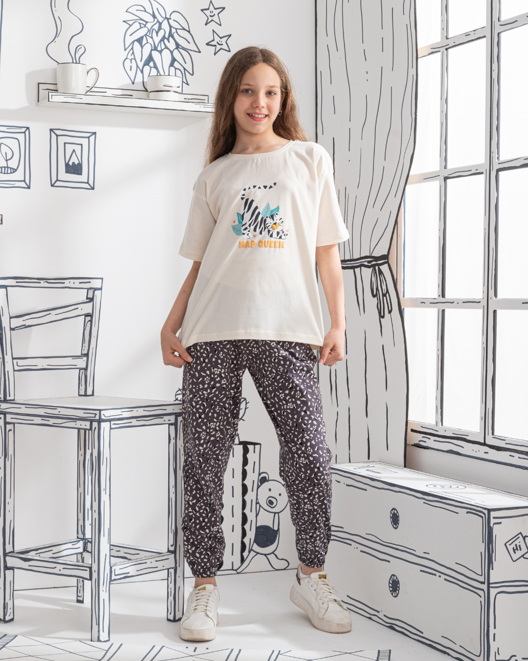 Nap Queen Girls' half-sleeve pajamas * Printed trousers