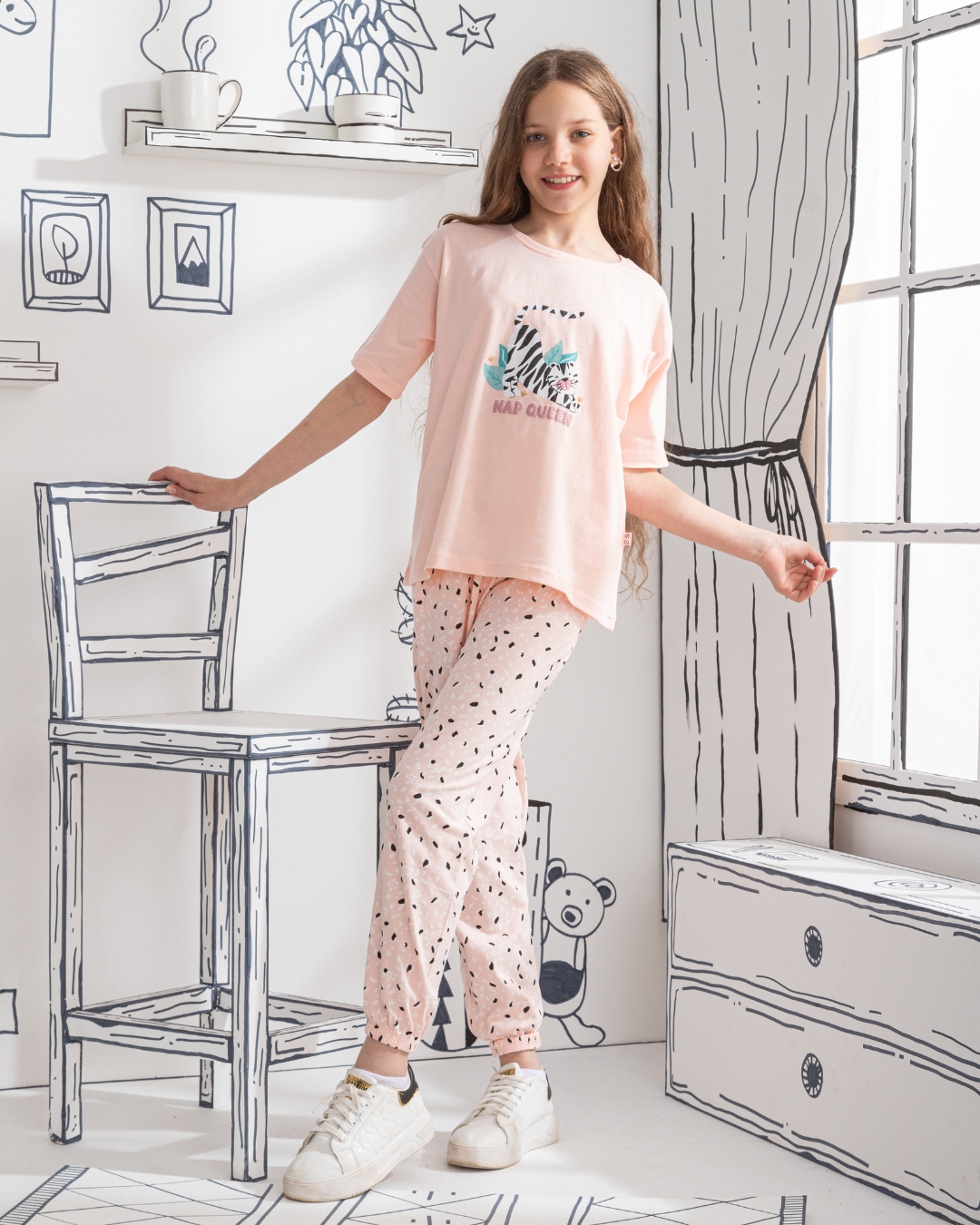 Nap Queen Girls' half-sleeve pajamas * Printed trousers