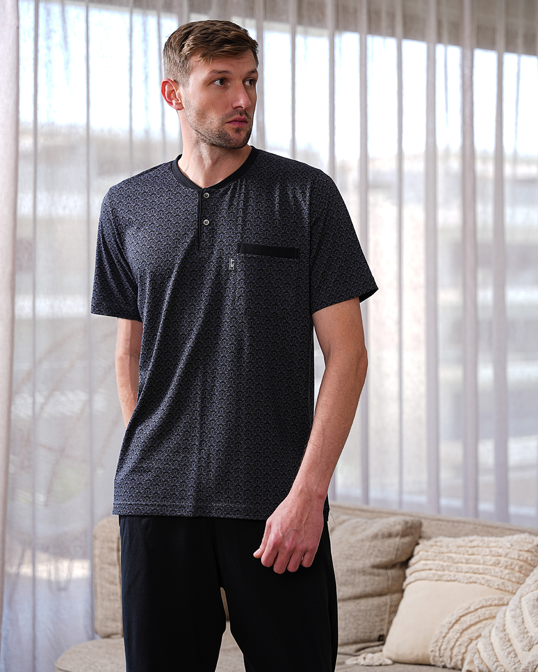 Men's pajamas, half-sleeve T-shirt and lotus-printed trousers