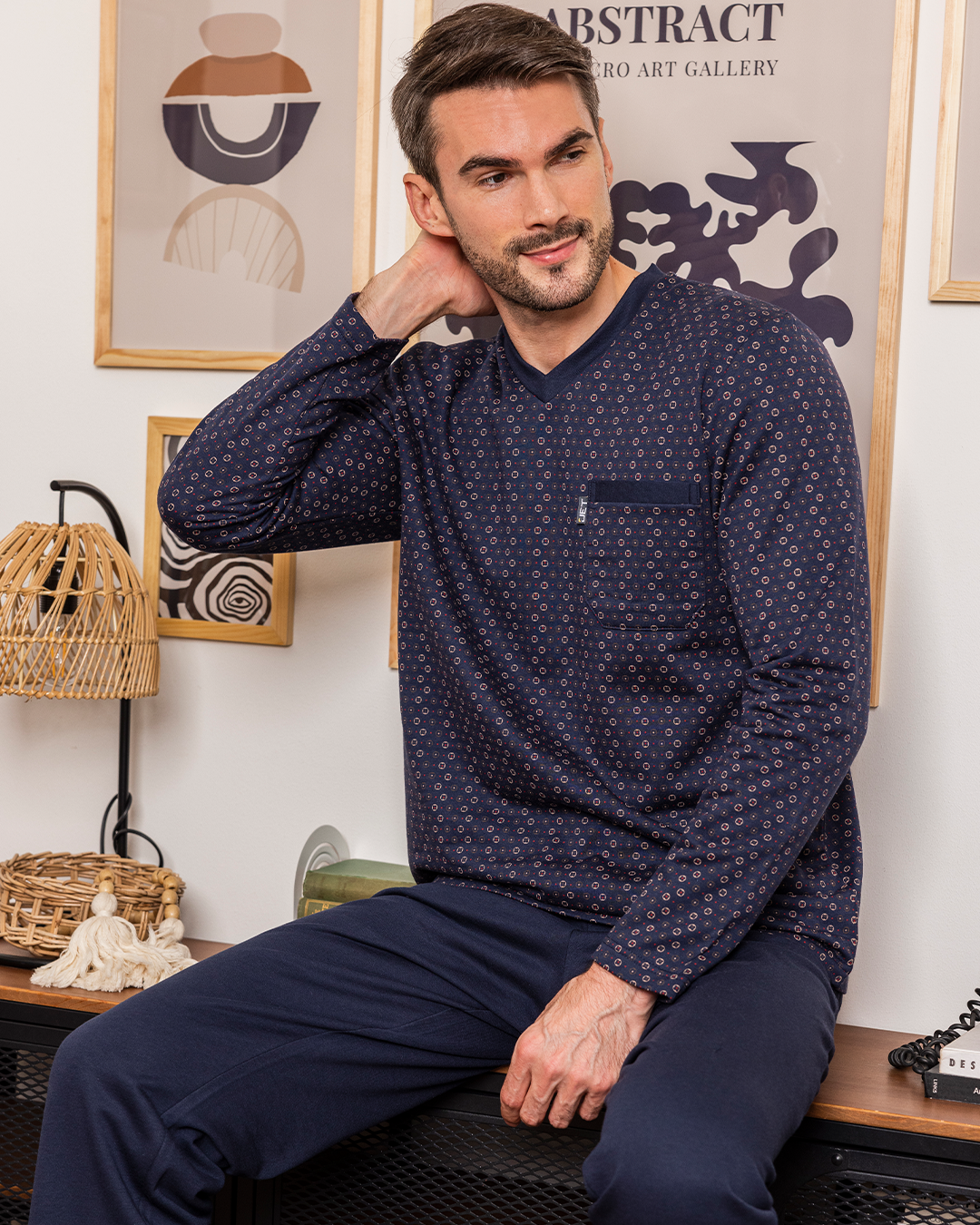 Men's plain dyed printed pajamas, long sleeve dyed printed jacket