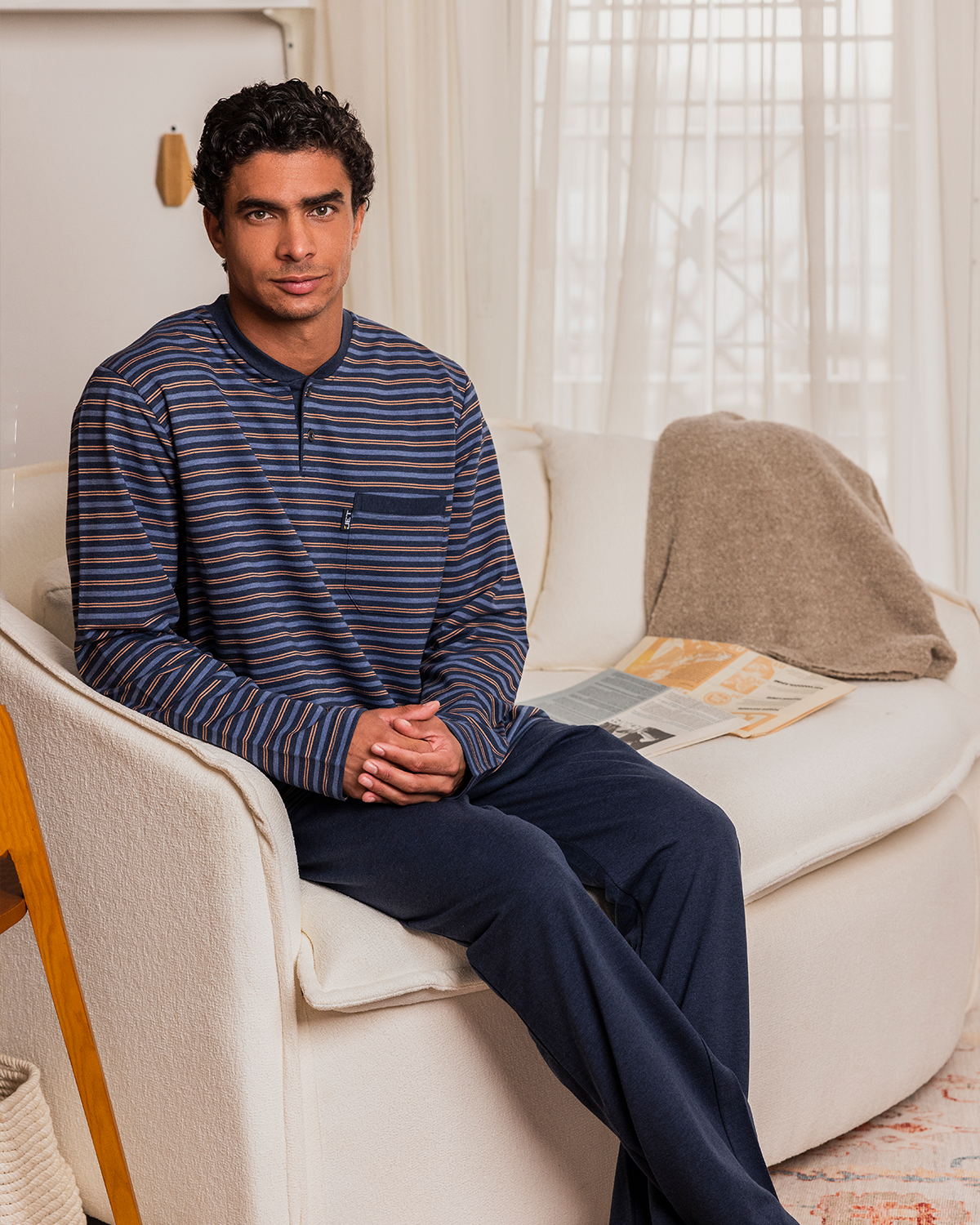 Men's casual striped pajamas * plain, long sleeve casual striped jacket with a round neck