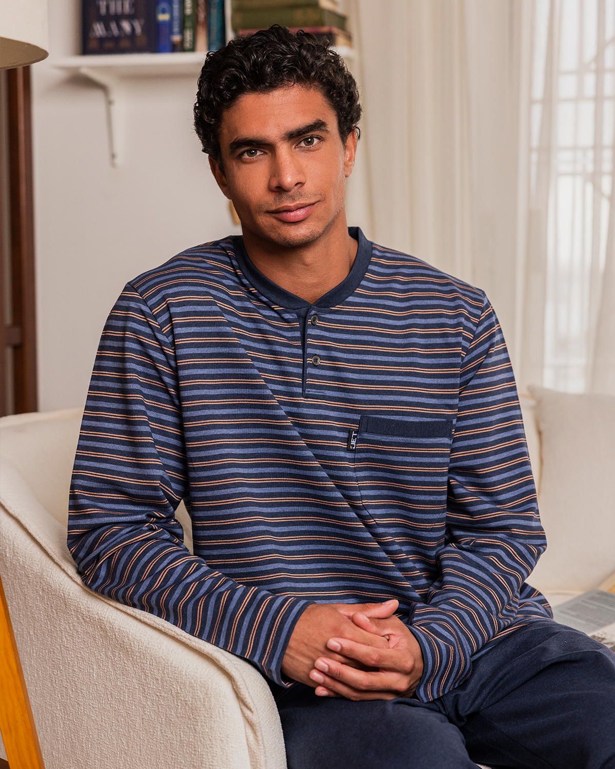 Men's casual striped pajamas * plain, long sleeve casual striped jacket with a round neck