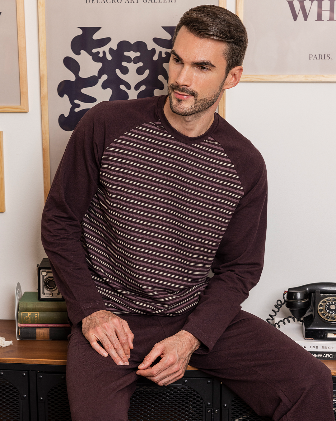 Men's plain wide striped pajamas*, casual striped long sleeve raglan jacket