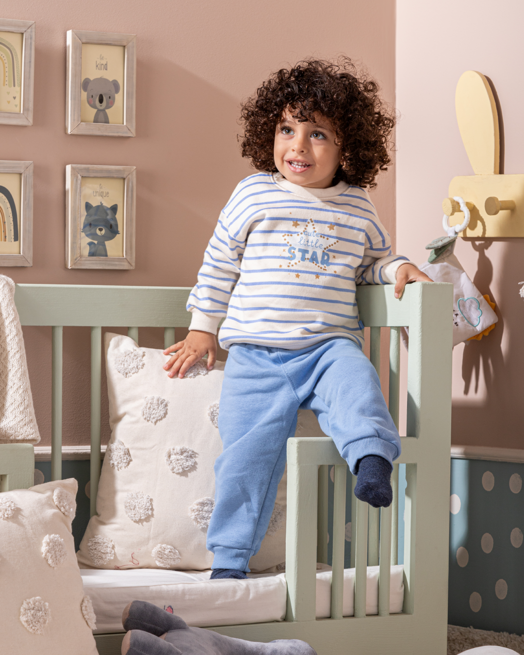 Blue Stripe Baby Boys Pajamas with Printed Sleeves and Pants