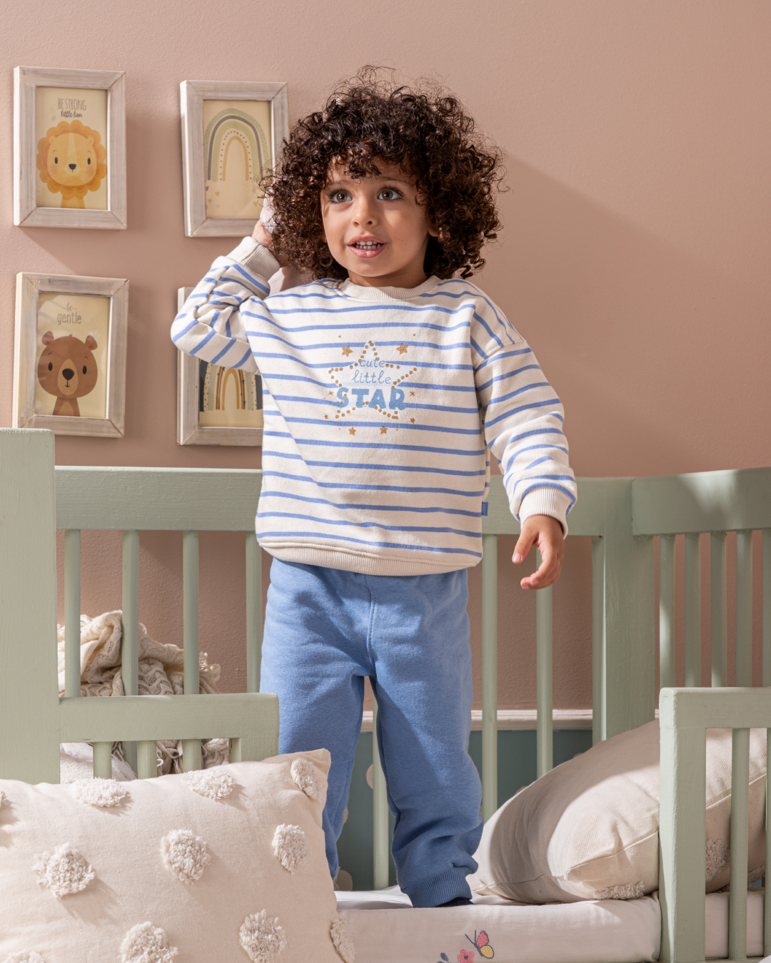 Blue Stripe Baby Boys Pajamas with Printed Sleeves and Pants