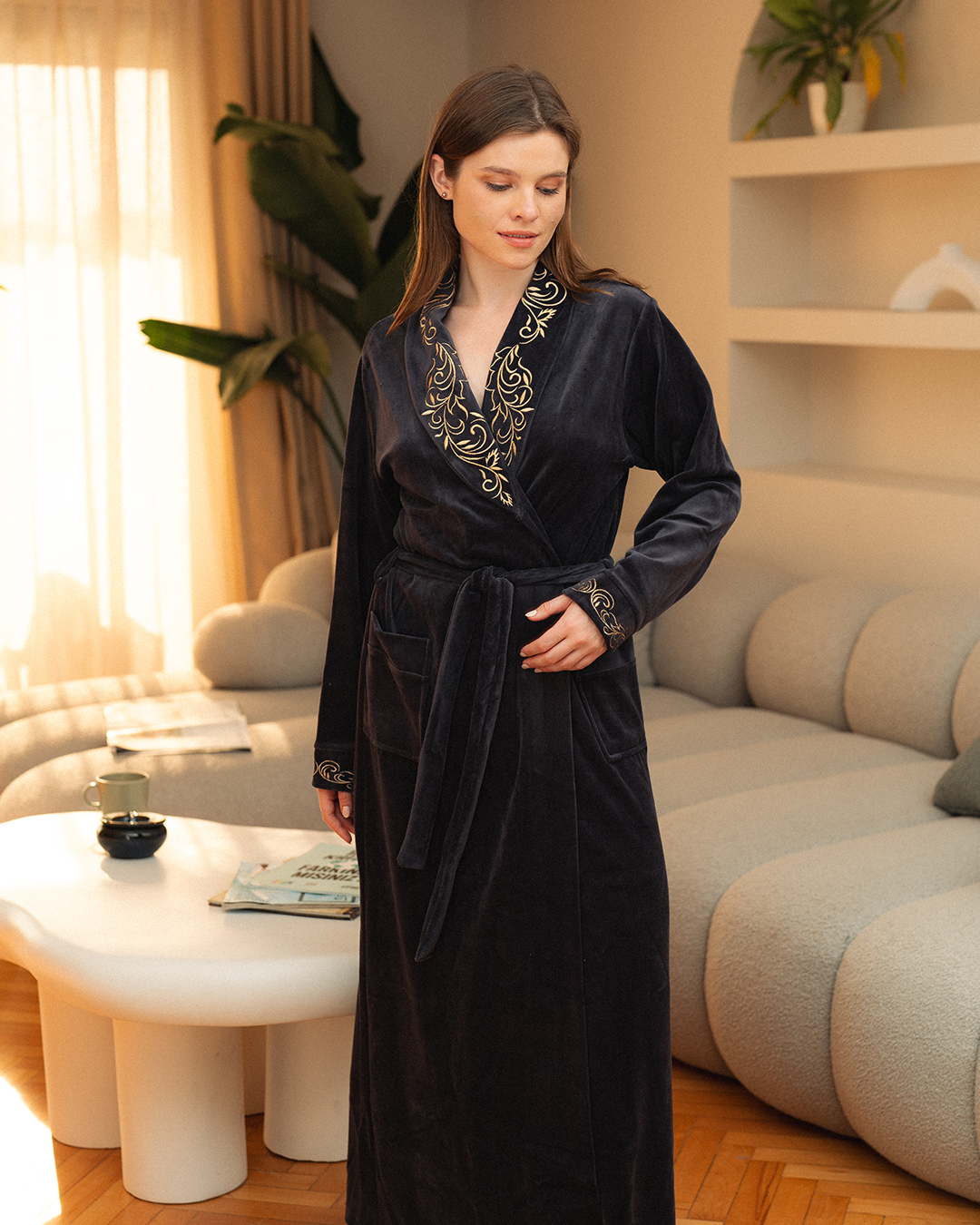 Women's long robe, shawl, gold rose embroidery, velvet