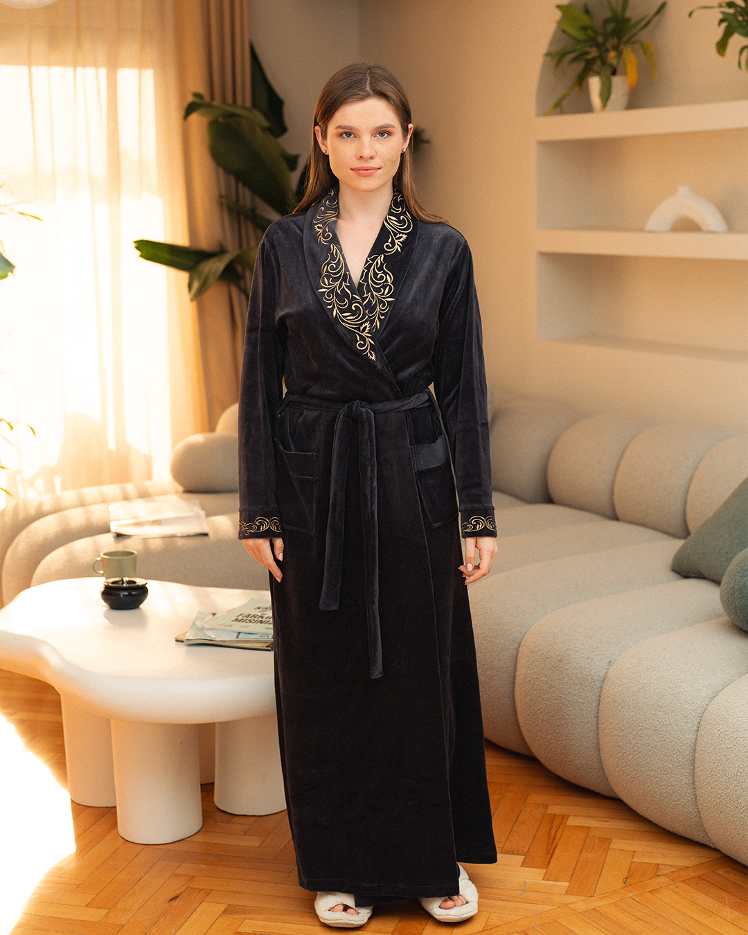 Women's long robe, shawl, gold rose embroidery, velvet